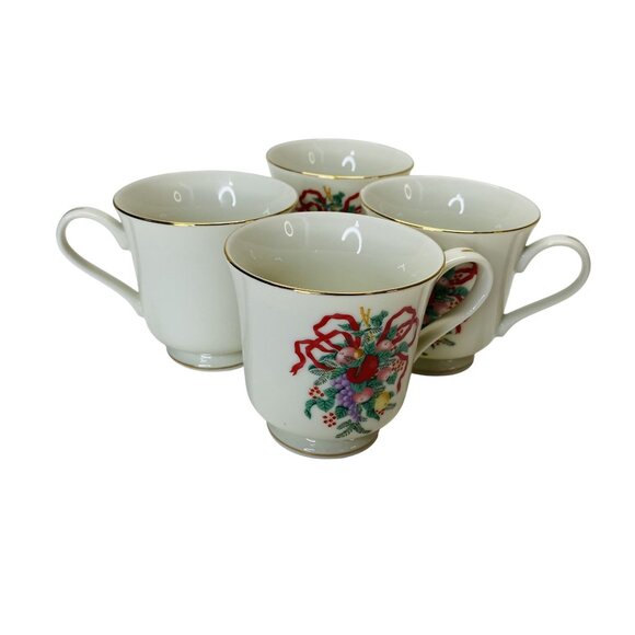 Elegant Vintage Fine China Tea Cup & Saucer Set of 4 Floral Ribbon Gold Trim - Picture 5 of 10